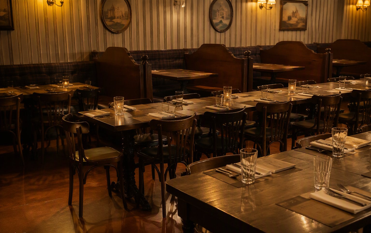 La sala del pub con i tavoli in legno e la luce calda