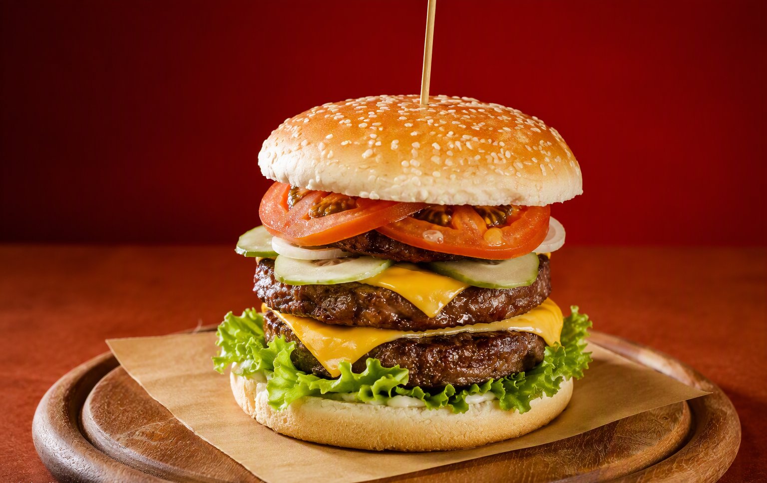 L'hamburger doppio con cheddar, pomodoro e insalata