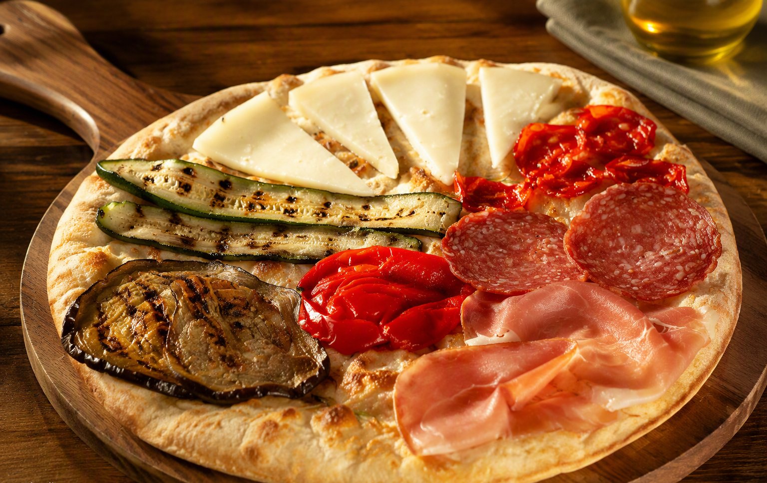 La pizza del pub con salame, prosciutto e verdure grigliate